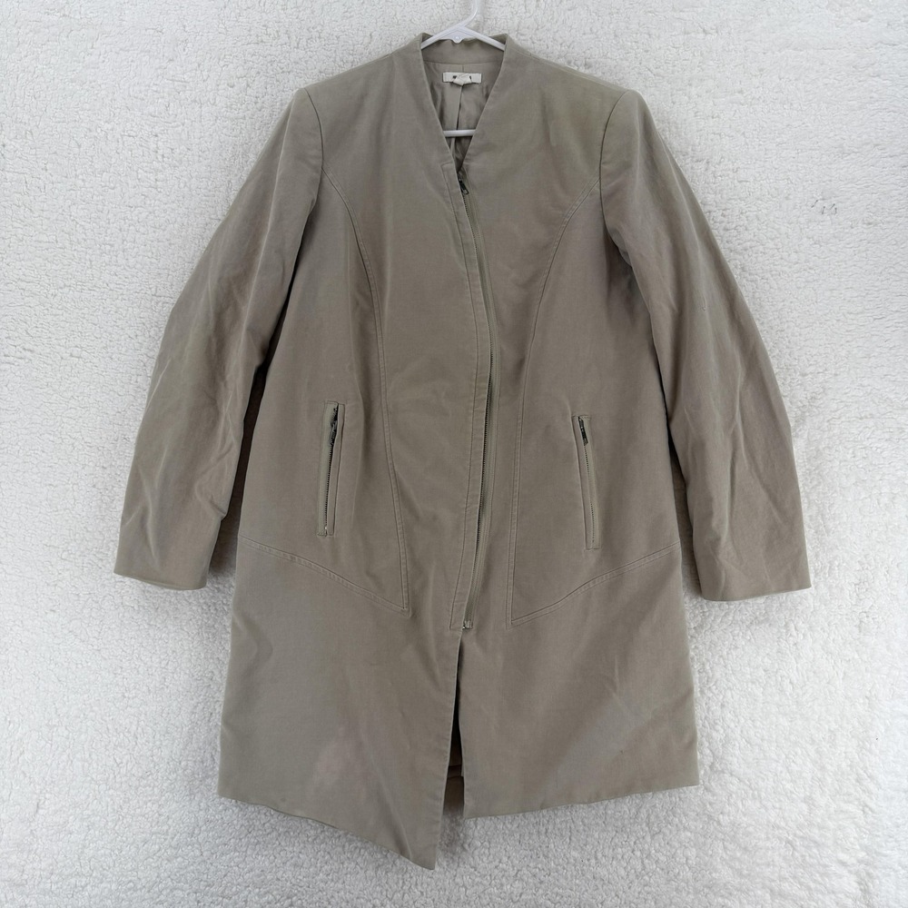 Helmut Lang Coat Womens Medium Beige Cotton Twill Collarless Zip Front Overcoat